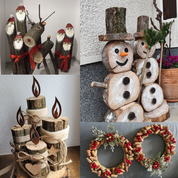 Adornos de navidad hechos con productos de madera, imágenes sacadas de Pinterest. Velas Caseras, Renos, Papa Noel, muñeco de nieve y centro de mesa o decoración puerta.